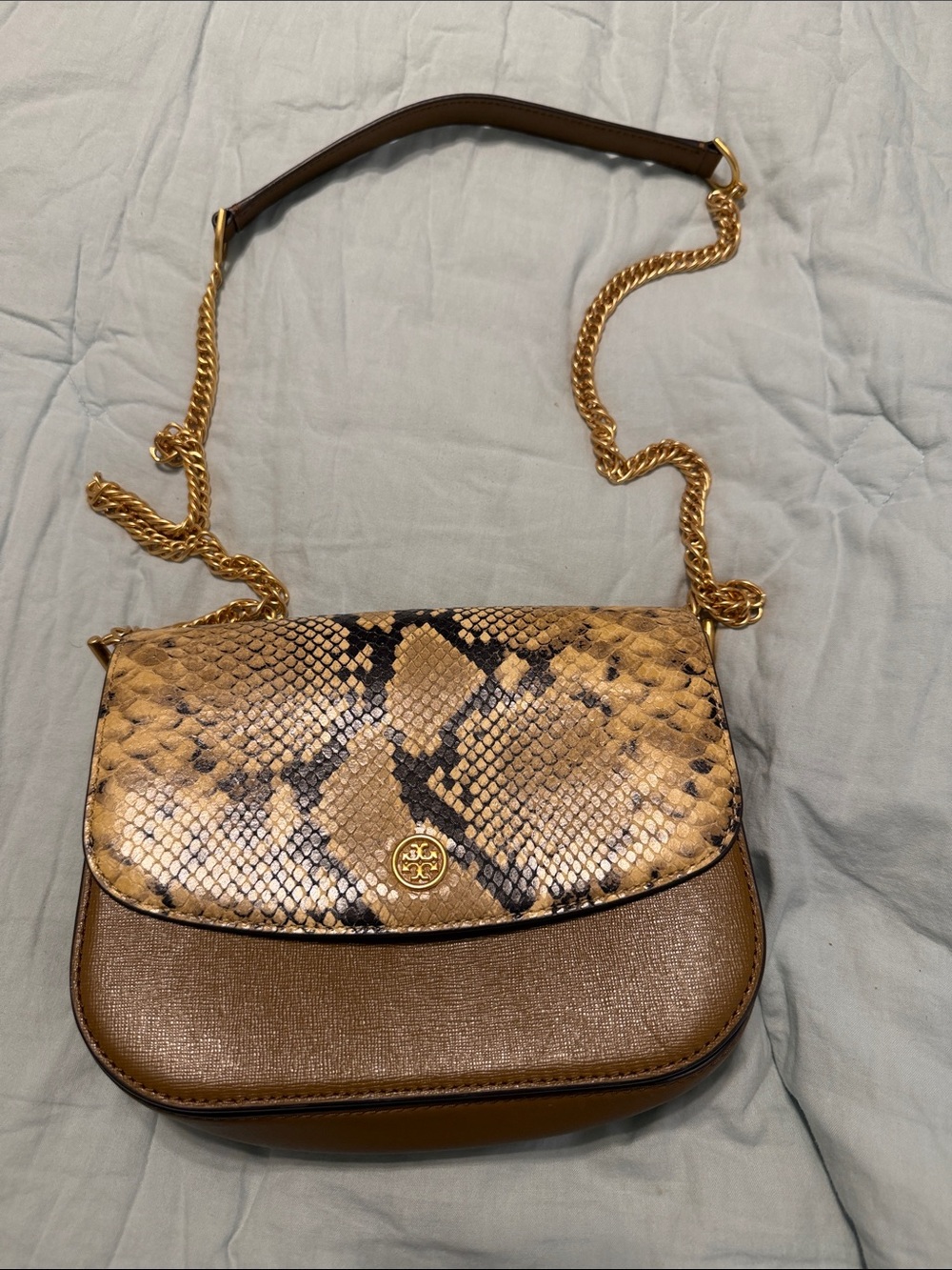 Tory Burch Brown Snake-Print Crossbody with Gold Chain
